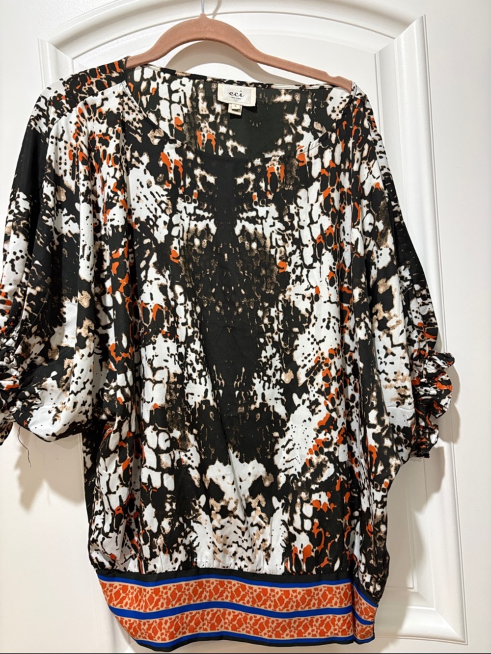 ECI Black, White & Orange Printed Dolman Sleeve Blouse Tunic Elastic Back Sz L